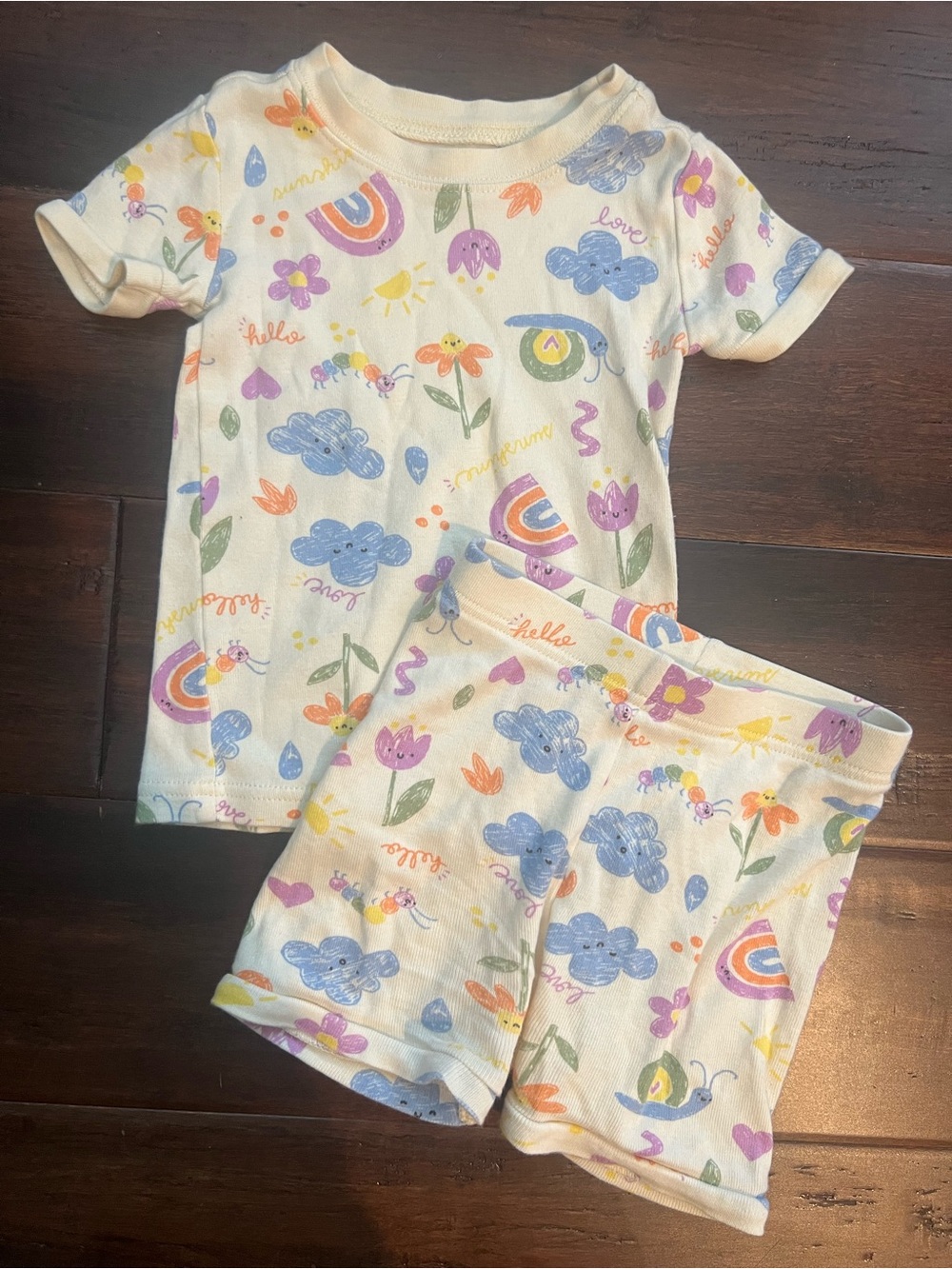 Toddler's Pastel Rainbow & Cloud Short Pajama Set - Cream - 2T